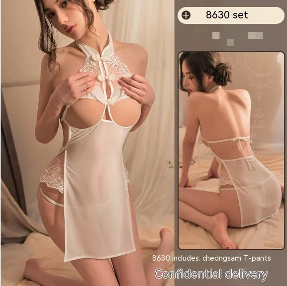 Sexy Lingerie Cutout Lace Seduction Cheongsam Hot Small Chest See-through Uniform Pajamas