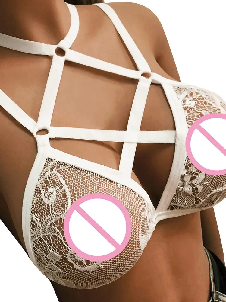 Sexy Women Lingerie open bra Brassiere See Through Floral Lace Halter Neckline Hollow Out Strappy Bandage Breathable bras top