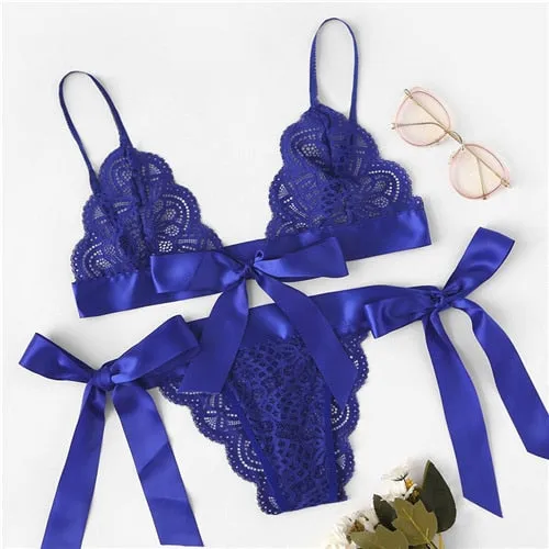 SHEIN Lace Sexy lingerie Set Hot Women Sleepwear V Neck Sleeveless Lace Scallop Bralette And Pantie Intimate Lingerie