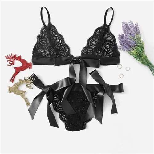 SHEIN Lace Sexy lingerie Set Hot Women Sleepwear V Neck Sleeveless Lace Scallop Bralette And Pantie Intimate Lingerie