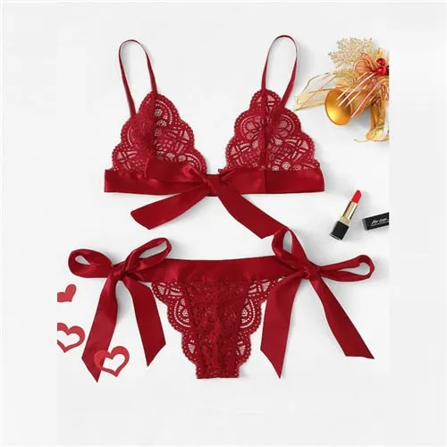 SHEIN Lace Sexy lingerie Set Hot Women Sleepwear V Neck Sleeveless Lace Scallop Bralette And Pantie Intimate Lingerie