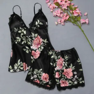 Winter Underwear Women Silk Satin Sleepwear Sexy Flower Lace Lingerie Set V-neck Temptation Underwear NightWear Pijama Mujer *X