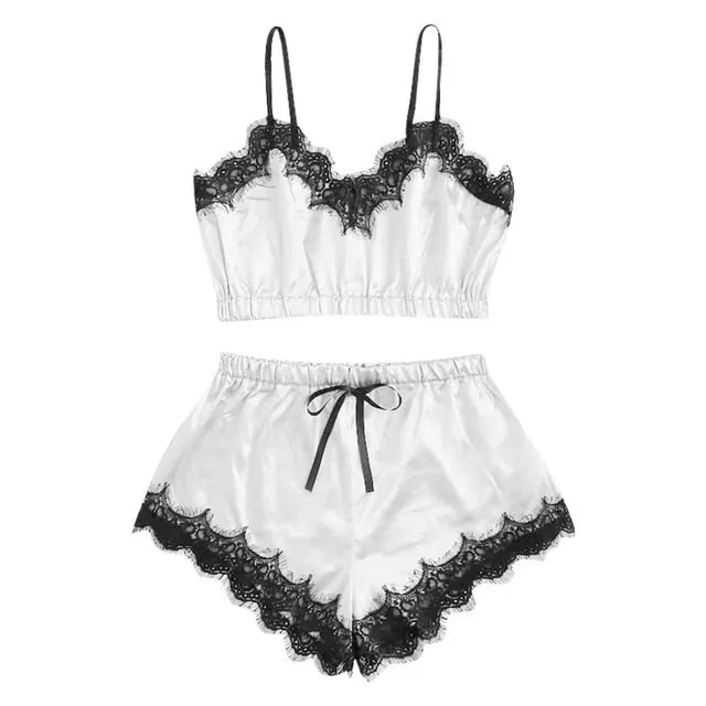 Women Bow Sleepwear Sleeveless Strap Nightwear Lace Trim Satin Cami Top Pajama Sets femme sexy lingerie pyjamas women