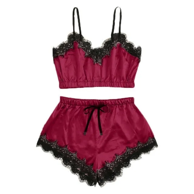 Women Bow Sleepwear Sleeveless Strap Nightwear Lace Trim Satin Cami Top Pajama Sets femme sexy lingerie pyjamas women