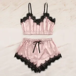 Women Bow Sleepwear Sleeveless Strap Nightwear Lace Trim Satin Cami Top Pajama Sets femme sexy lingerie pyjamas women