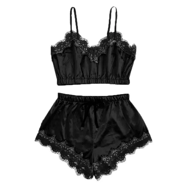 Women Bow Sleepwear Sleeveless Strap Nightwear Lace Trim Satin Cami Top Pajama Sets femme sexy lingerie pyjamas women