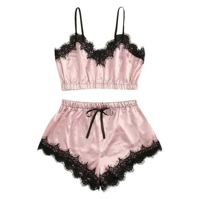 Women Bow Sleepwear Sleeveless Strap Nightwear Lace Trim Satin Cami Top Pajama Sets femme sexy lingerie pyjamas women