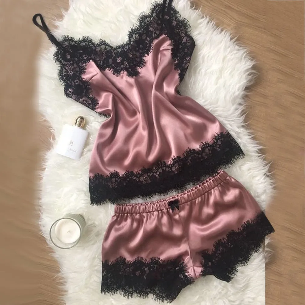 Women Clothes Healthy Fashion Simple Home Wear Sets Sexy Lace Sleepwear Lingerie Babydoll Nightwear Satin Cami Top femme 2019