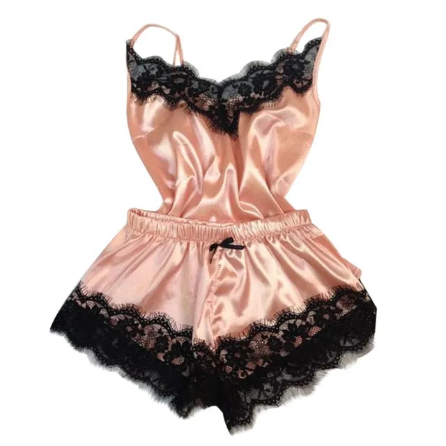 Women Clothes Healthy Fashion Simple Home Wear Sets Sexy Lace Sleepwear Lingerie Babydoll Nightwear Satin Cami Top femme 2019