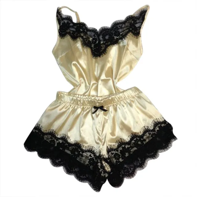 Women Clothes Healthy Fashion Simple Home Wear Sets Sexy Lace Sleepwear Lingerie Babydoll Nightwear Satin Cami Top femme 2019