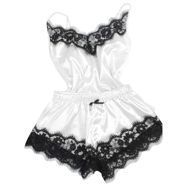 Women Clothes Healthy Fashion Simple Home Wear Sets Sexy Lace Sleepwear Lingerie Babydoll Nightwear Satin Cami Top femme 2019
