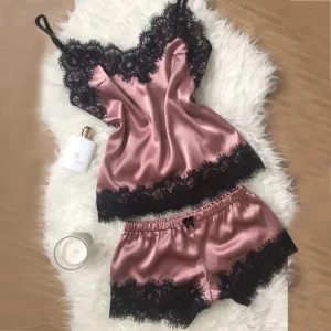 Women Clothes Healthy Fashion Simple Home Wear Sets Sexy Lace Sleepwear Lingerie Babydoll Nightwear Satin Cami Top femme 2019