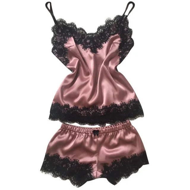 Women Clothes Healthy Fashion Simple Home Wear Sets Sexy Lace Sleepwear Lingerie Babydoll Nightwear Satin Cami Top femme 2019