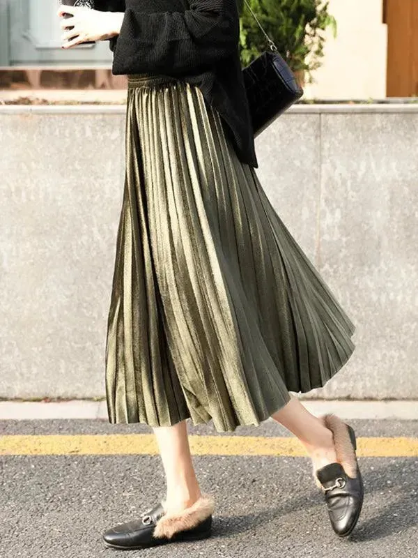 Women Pleated Plisse Skirt With Wide Hem