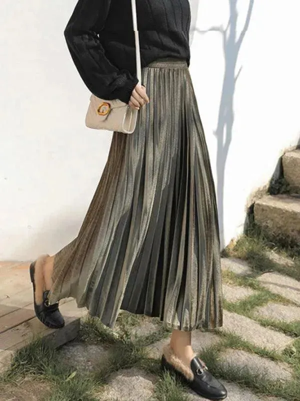 Women Pleated Plisse Skirt With Wide Hem