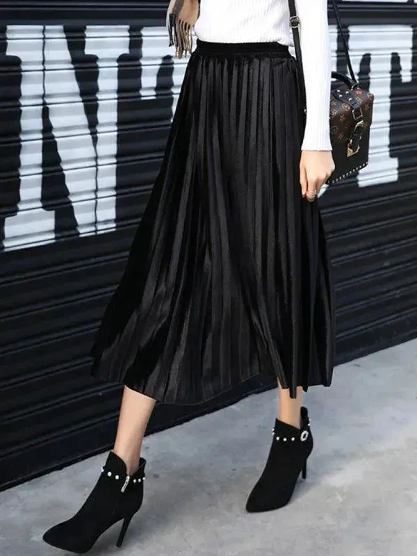 Women Pleated Plisse Skirt With Wide Hem