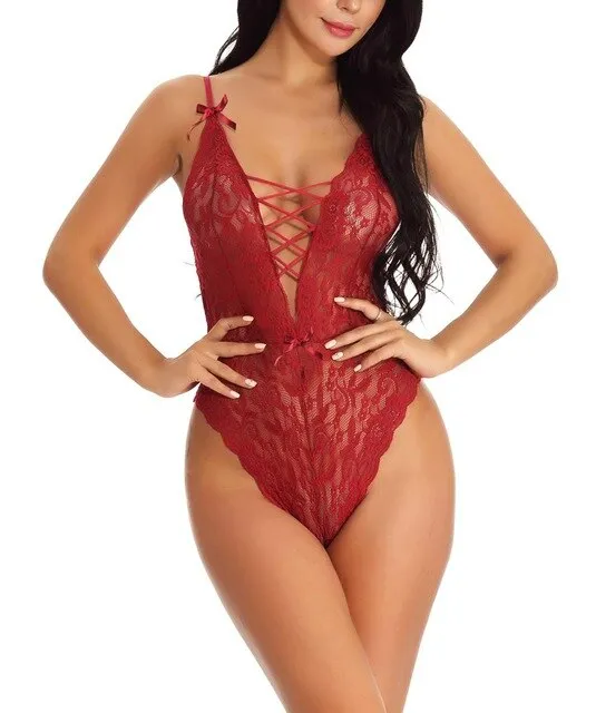 Women Sexy Lingerie Pajamas Romper Sling Lace Deep V Bodysuit Lace Up Hollow Underwear Bodysuit Costumes sleepwear Nighties
