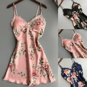 Women Sexy Lingerie Satin Sleepwear Summer Nightdress Lace Nightgown Floral Print Silk Homewear Female Chest Pad Nightwear