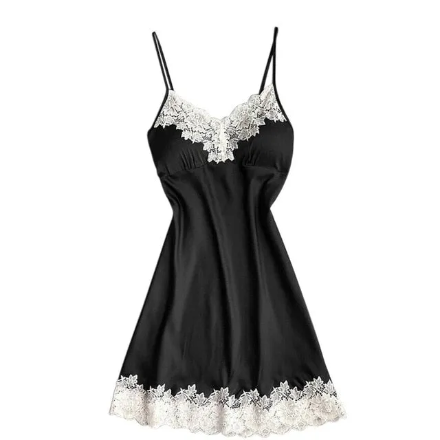 Women Sleepwear Silk Satin Lace Robe Dress Babydoll Nightdress Ladies Sexy Lingerie Nightgown Dresses Sleepshirts Homewear *X