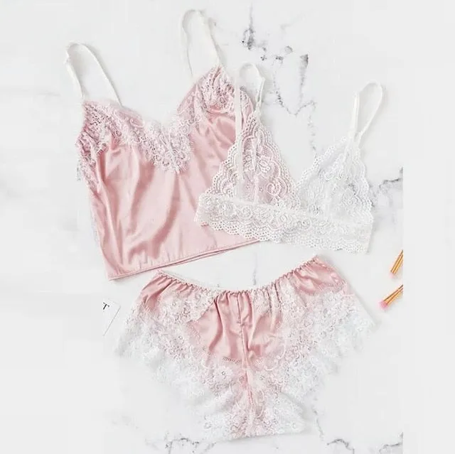 women summer 2019 Sexy Lace Lingerie Bra Tops Underwear Set Cut-Out Sleepwear female pajamas set mujer nightie home clothes