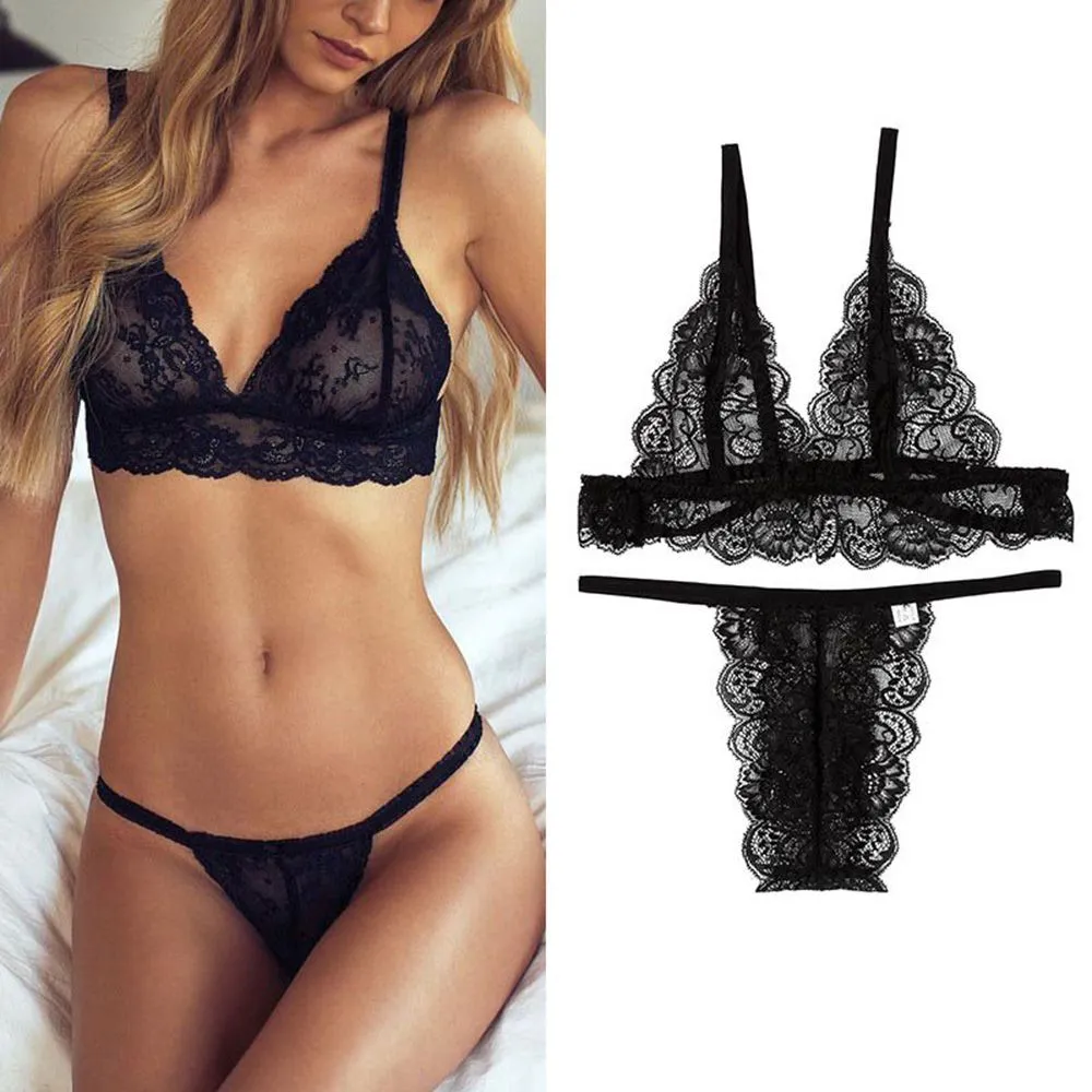 Women Underwear Sexy Lingerie Lace Bralette Bra And Panty Set Femme Crop Top G-string Transparent Brassiere Party See Through