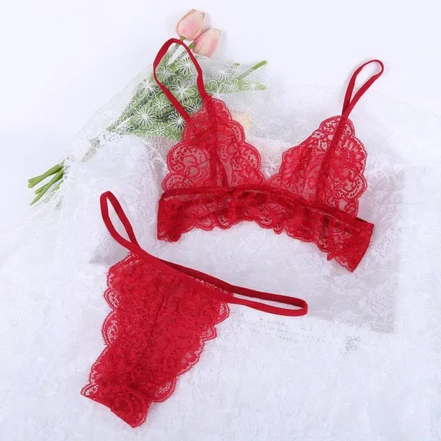 Women Underwear Sexy Lingerie Lace Bralette Bra And Panty Set Femme Crop Top G-string Transparent Brassiere Party See Through