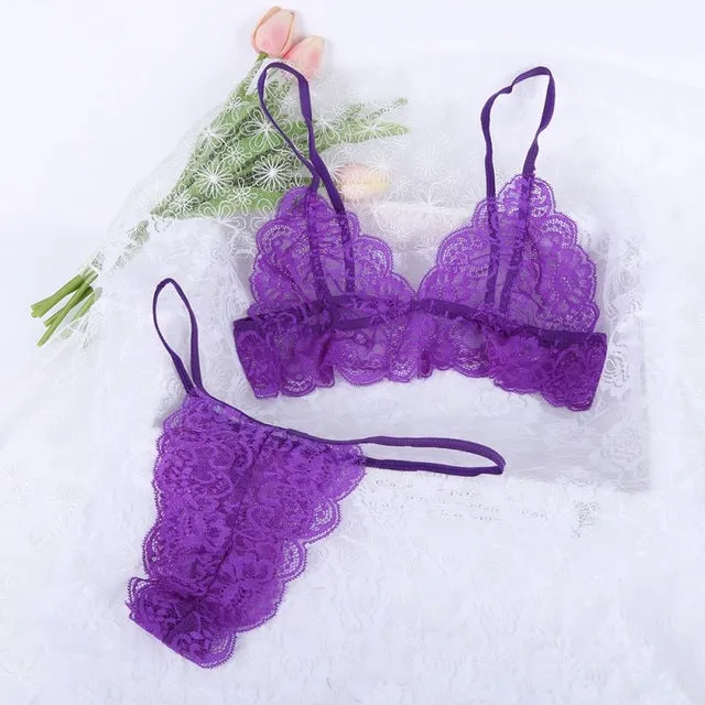 Women Underwear Sexy Lingerie Lace Bralette Bra And Panty Set Femme Crop Top G-string Transparent Brassiere Party See Through