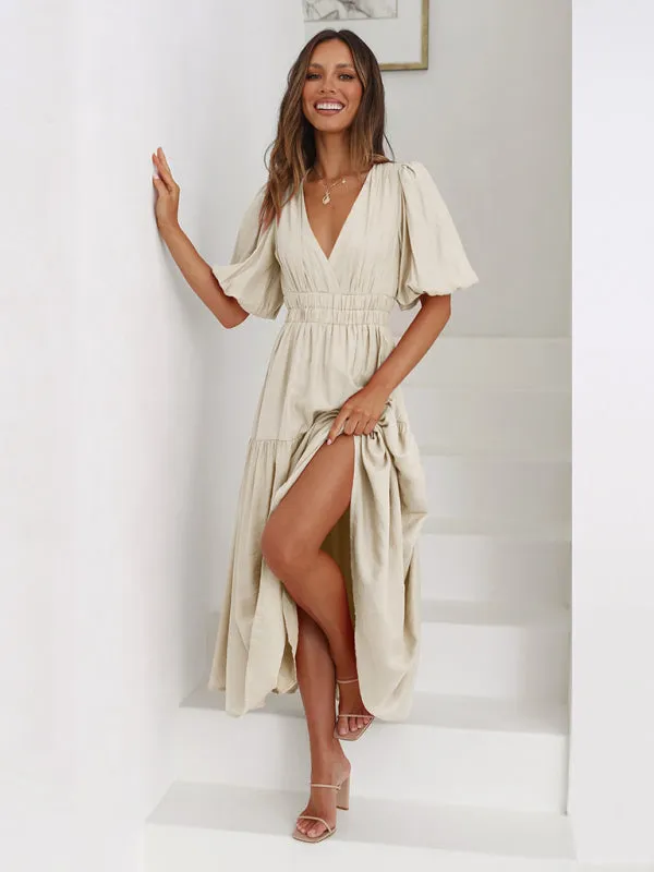 Women's Chic Maxi Dress Puff Sleeves