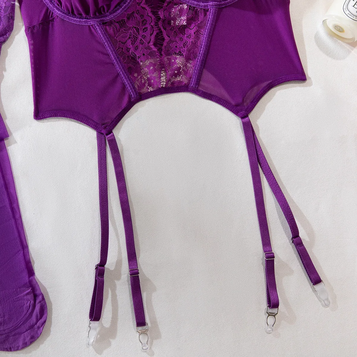 Women's Sexy Lingerie Set Floral Lace Garter Bustier Lingerie Set with 1 Pair Stocking