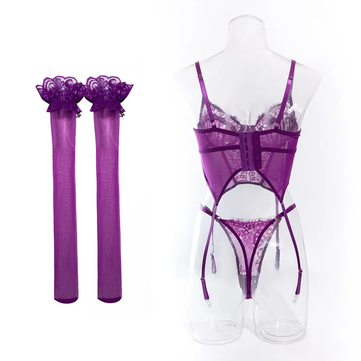 Women's Sexy Lingerie Set Floral Lace Garter Bustier Lingerie Set with 1 Pair Stocking