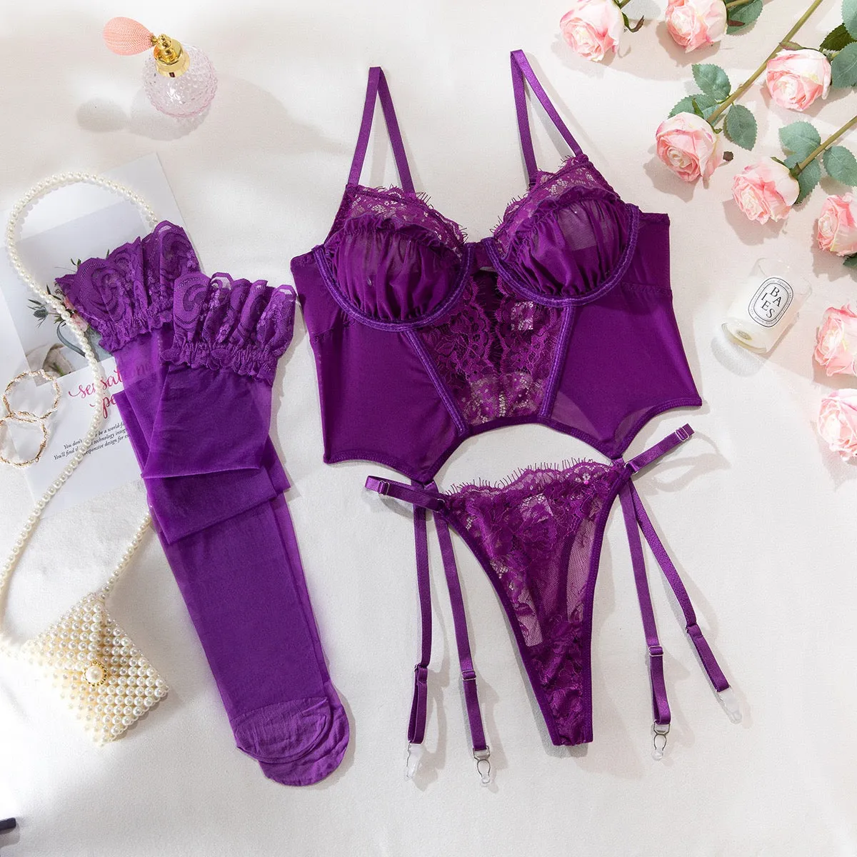 Women's Sexy Lingerie Set Floral Lace Garter Bustier Lingerie Set with 1 Pair Stocking