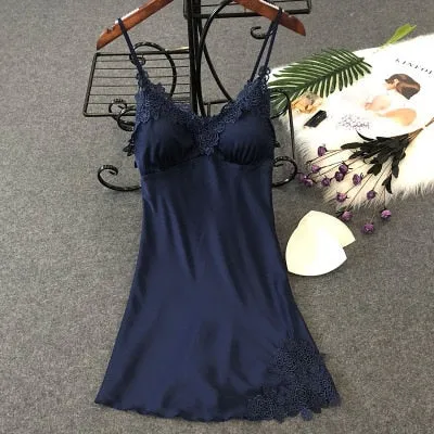 Women's Sexy Lingerie Silk Nightgown Summer Dress Lace Night Dress Sleepwear Babydoll Nightie Satin Homewear Chest Pad Nightwear